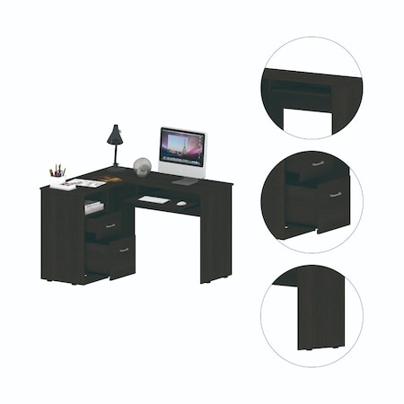 Mix L-Shaped Desk, Keyboard Tray, Two Drawers, Single Open Shelf, Black